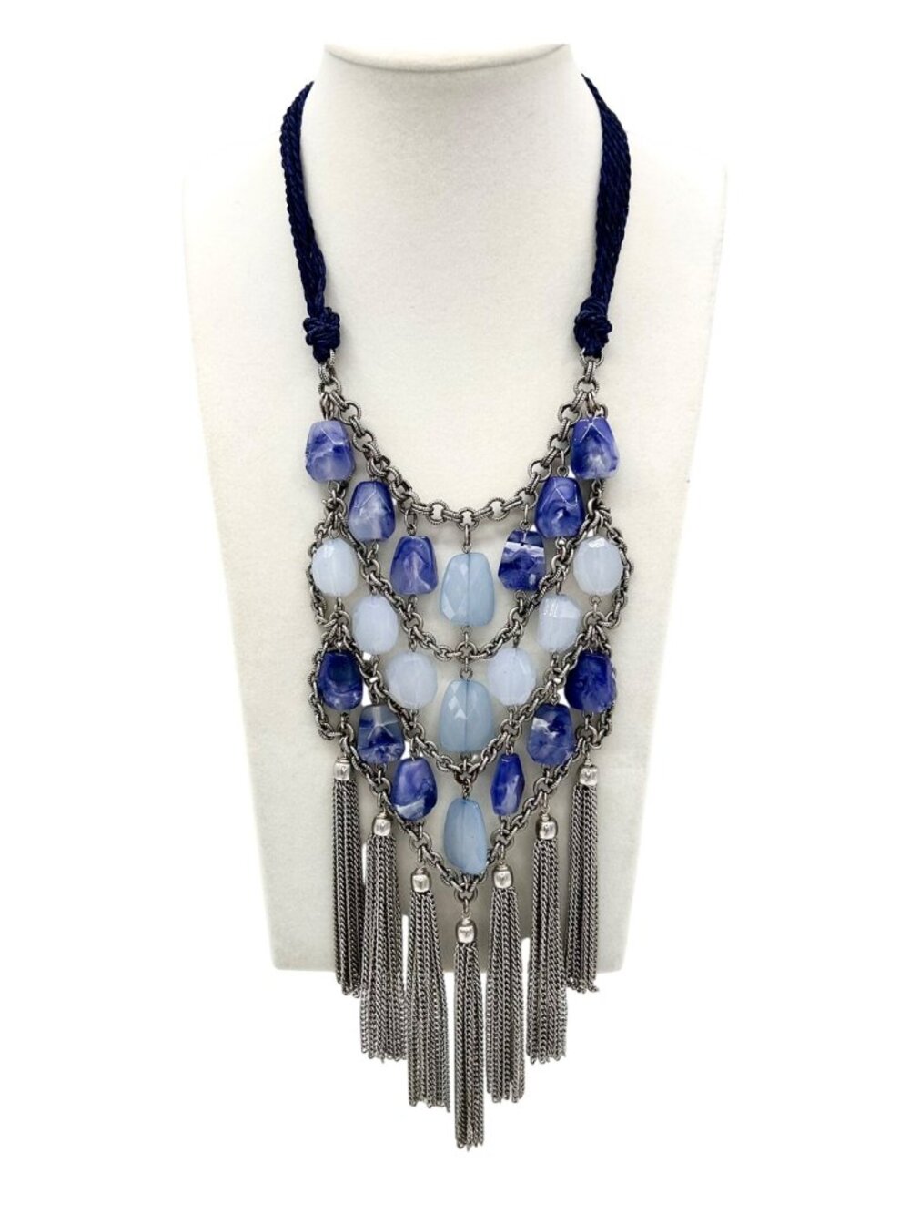 CHICO'S STATEMENT BLUE STONE SILVER CHAIN TASSEL BIB NECKLACE W/ BRAIDED CORD